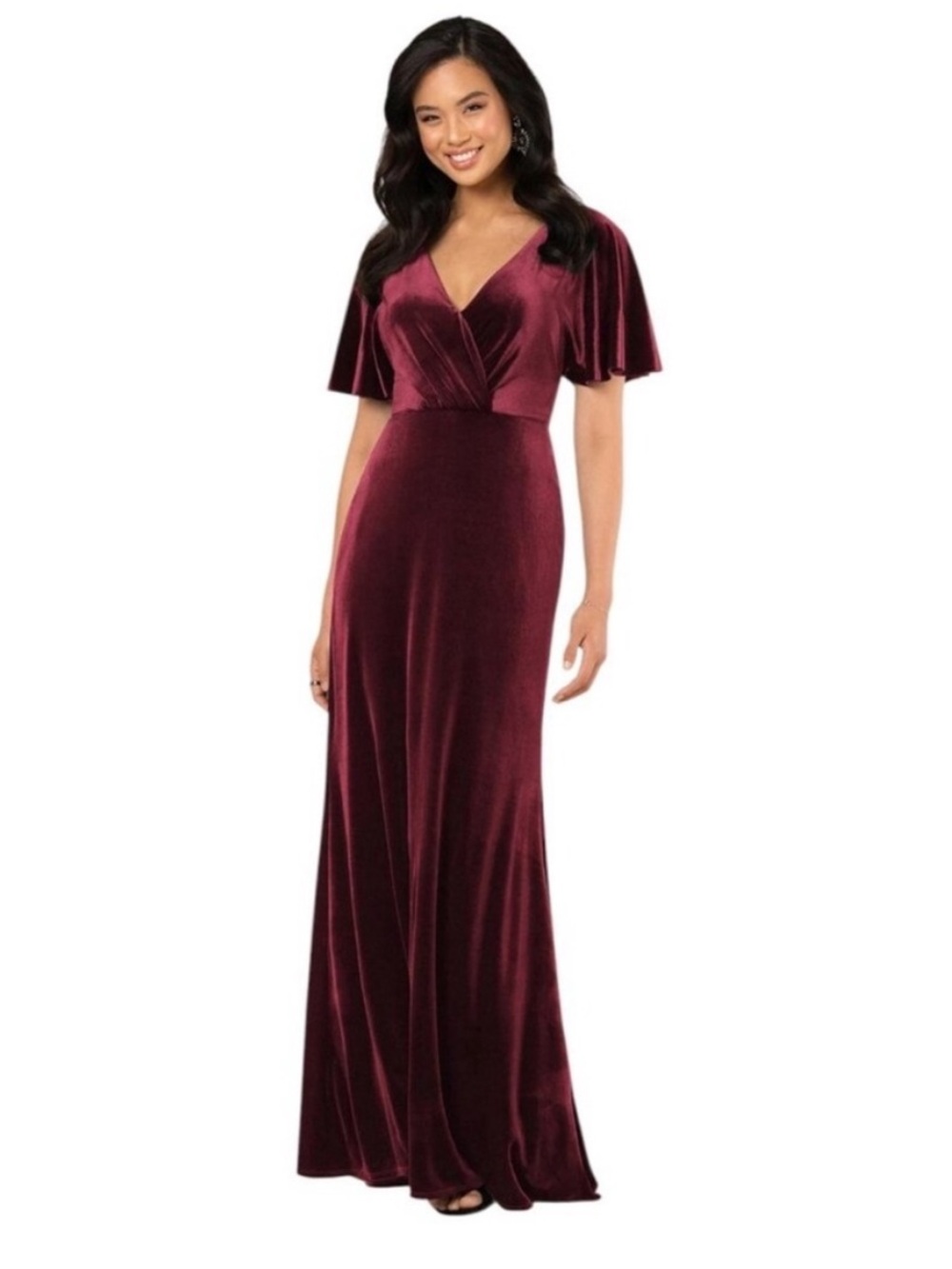Sorella Vita Luxe Velvet Merlot Flutter Sleeve True Wrap Bridesmaid Maxi Dress